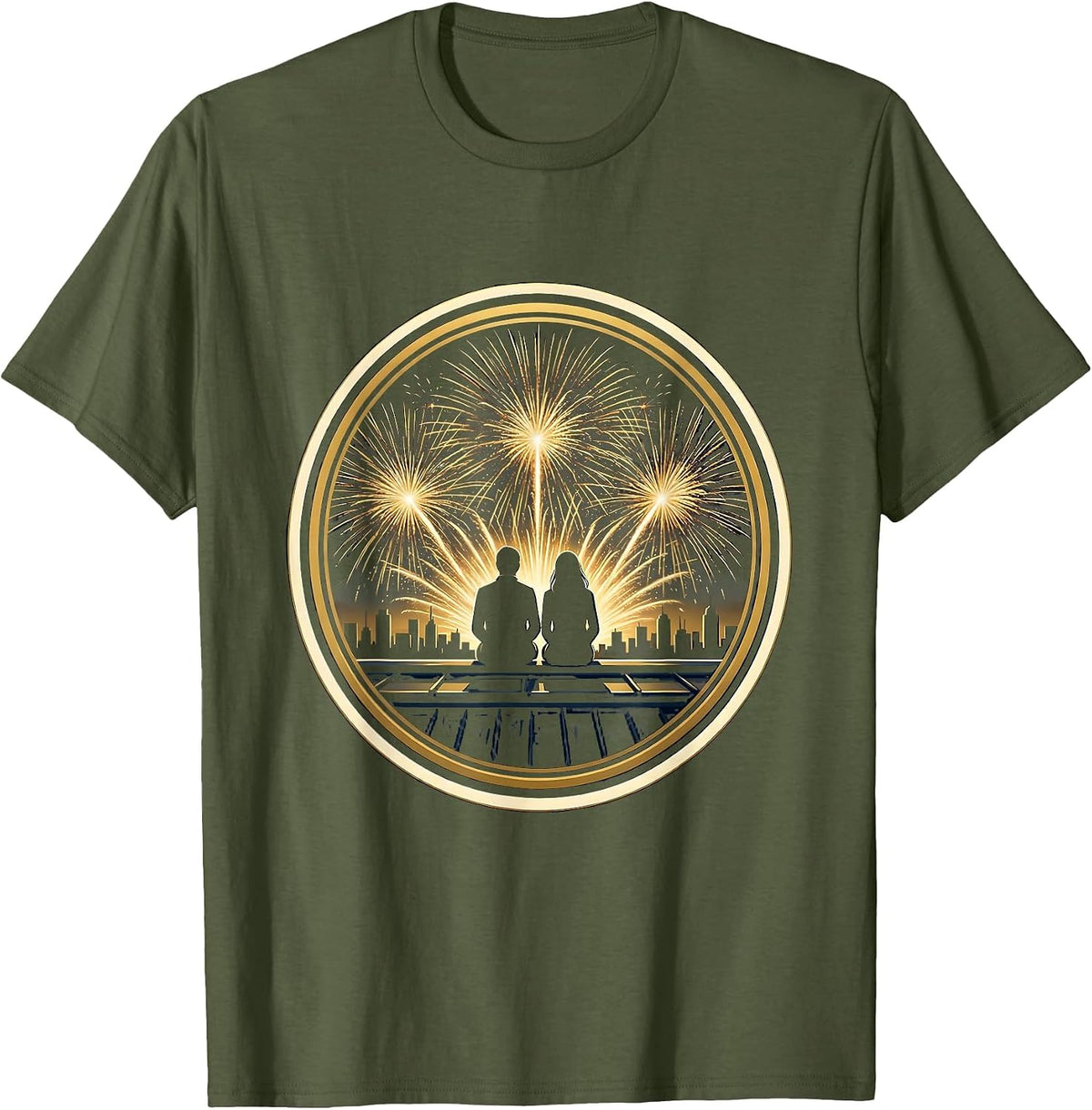 Rooftop Fireworks Couple Night Sky Illustration T-Shirt - Olive Green
