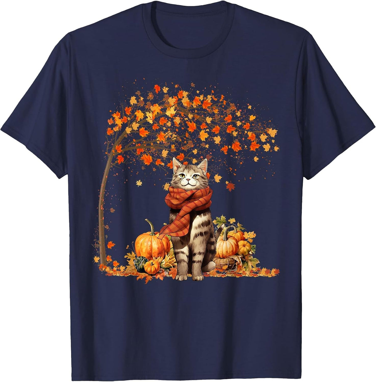 Cat Leaf Fall Hello Autumn Cat Kitten Lover Thanksgiving T-Shirt - Navy Blue