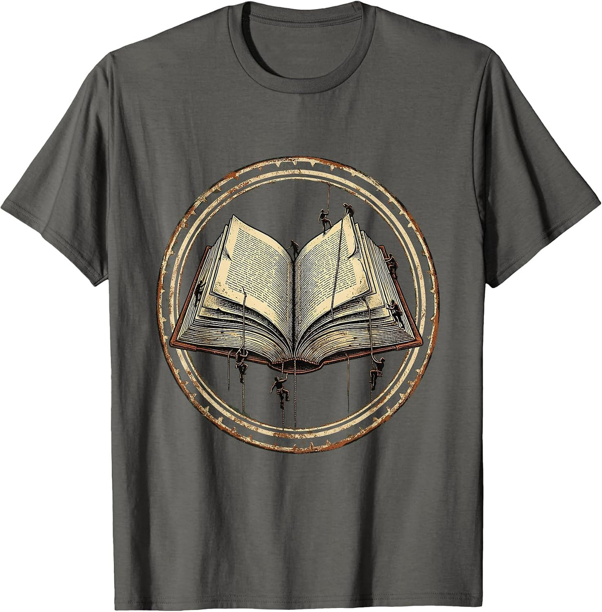 Tiny Students Climbing Giant Book Pages Teacher T-Shirt - Asphalt Grey