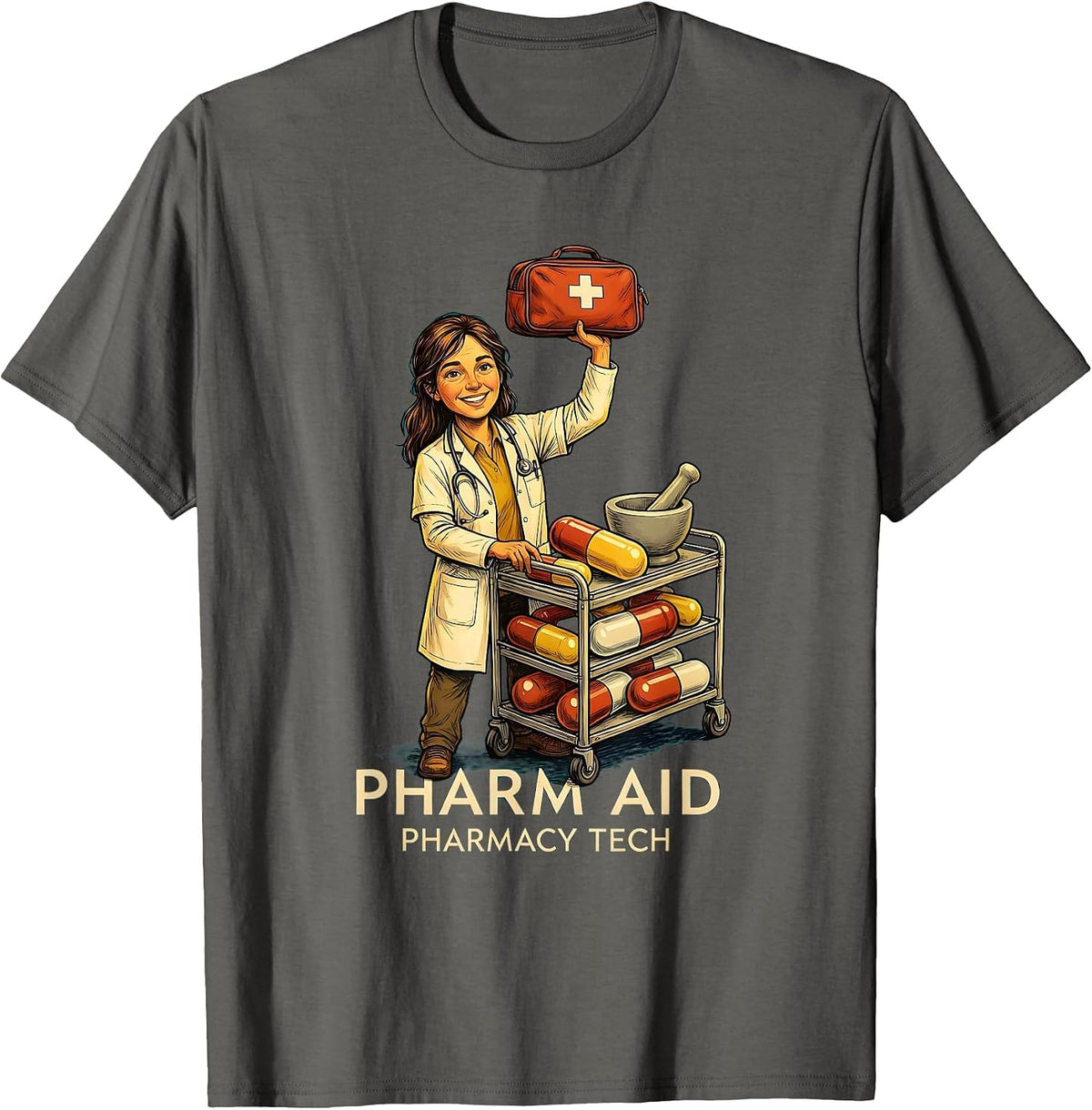 Men's Pharm Aid Pharmacy Tech Funny Pharmacy Technician Pun T-Shirt - Asphalt Grey