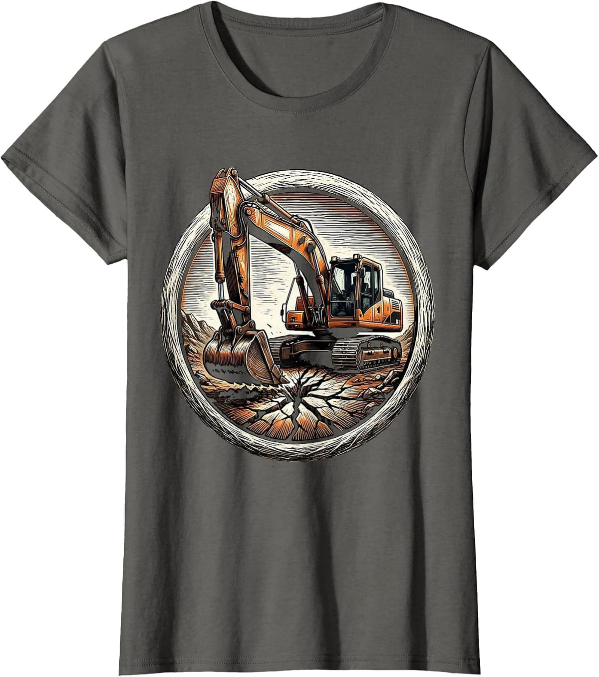 Women's Excavator Digging Cracked Earth Graphic T-Shirt - Asphalt Grey