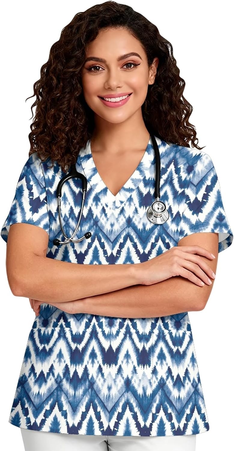 Dellukee Women's Scrub Top Medical Nursing Shirts with Pockets Soft Lightweight Work Tops, Short Sleeve, V-Neck, S-5XL - Blue