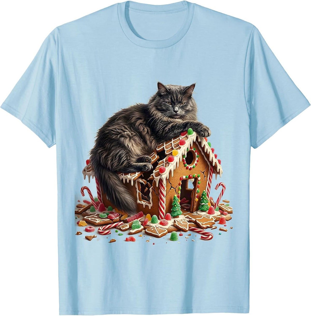 Men's Calm Cat Collapsed Gingerbread House Funny Christmas T-Shirt - Baby Blue