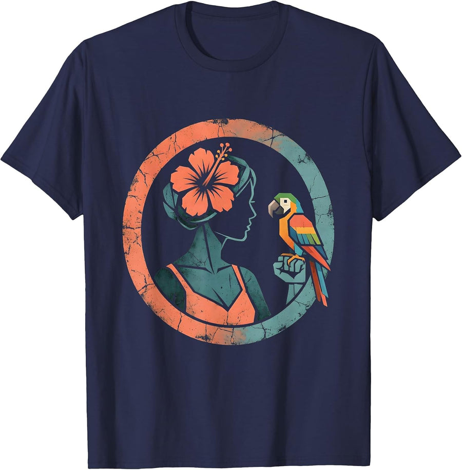 Aloha Flower Crown Parrot Tropical Art T-Shirt - Navy Blue