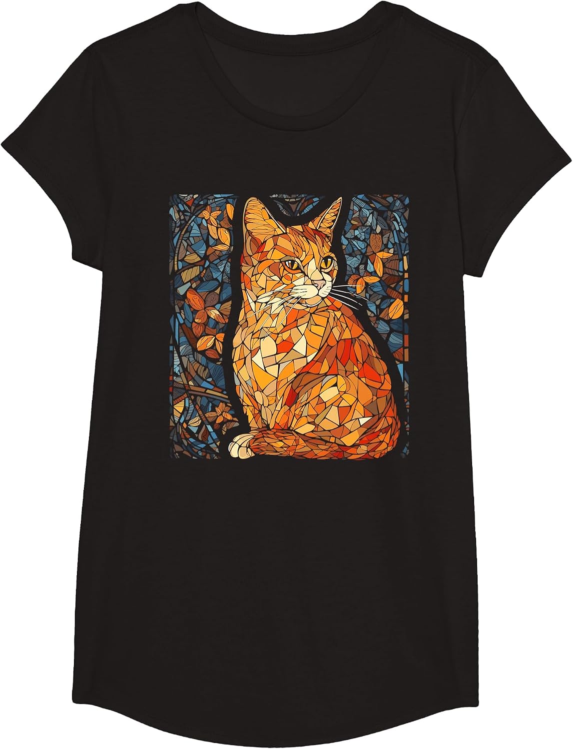 Stained Glass Window Art Artistic Tabby Orange Cat Lovers T-Shirt - Girls Black
