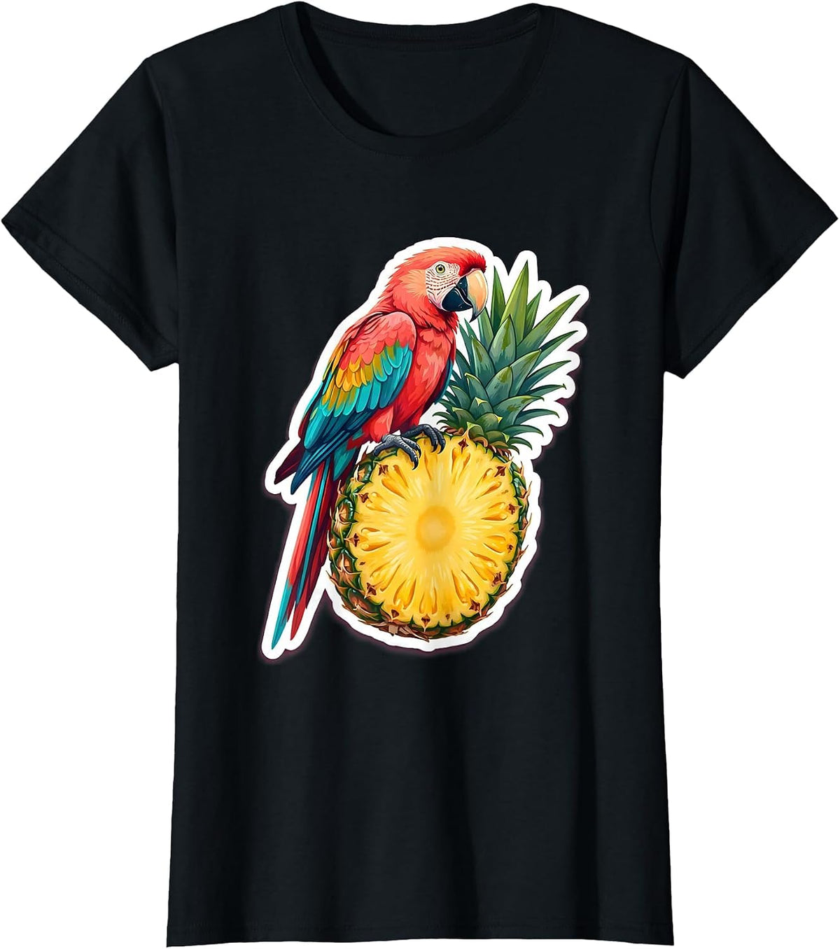 Tropical Parrot on Pineapple Hawaiian Graphic T-Shirt - Black