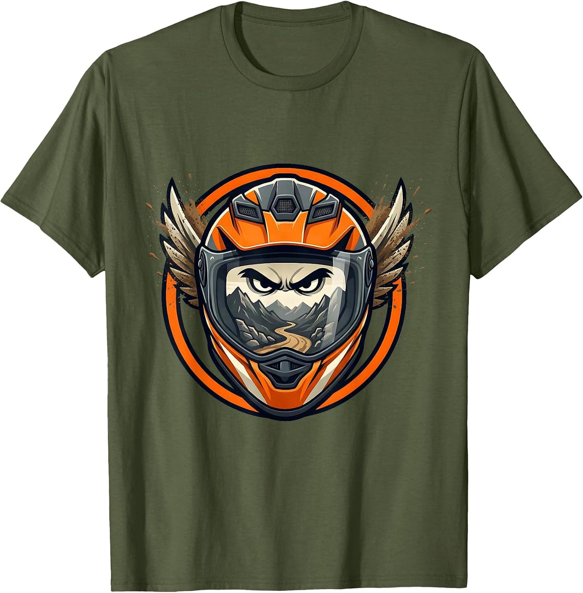 Dirt Bike Helmet Reflection Mountain Trail Graphic T-Shirt - Olive Green