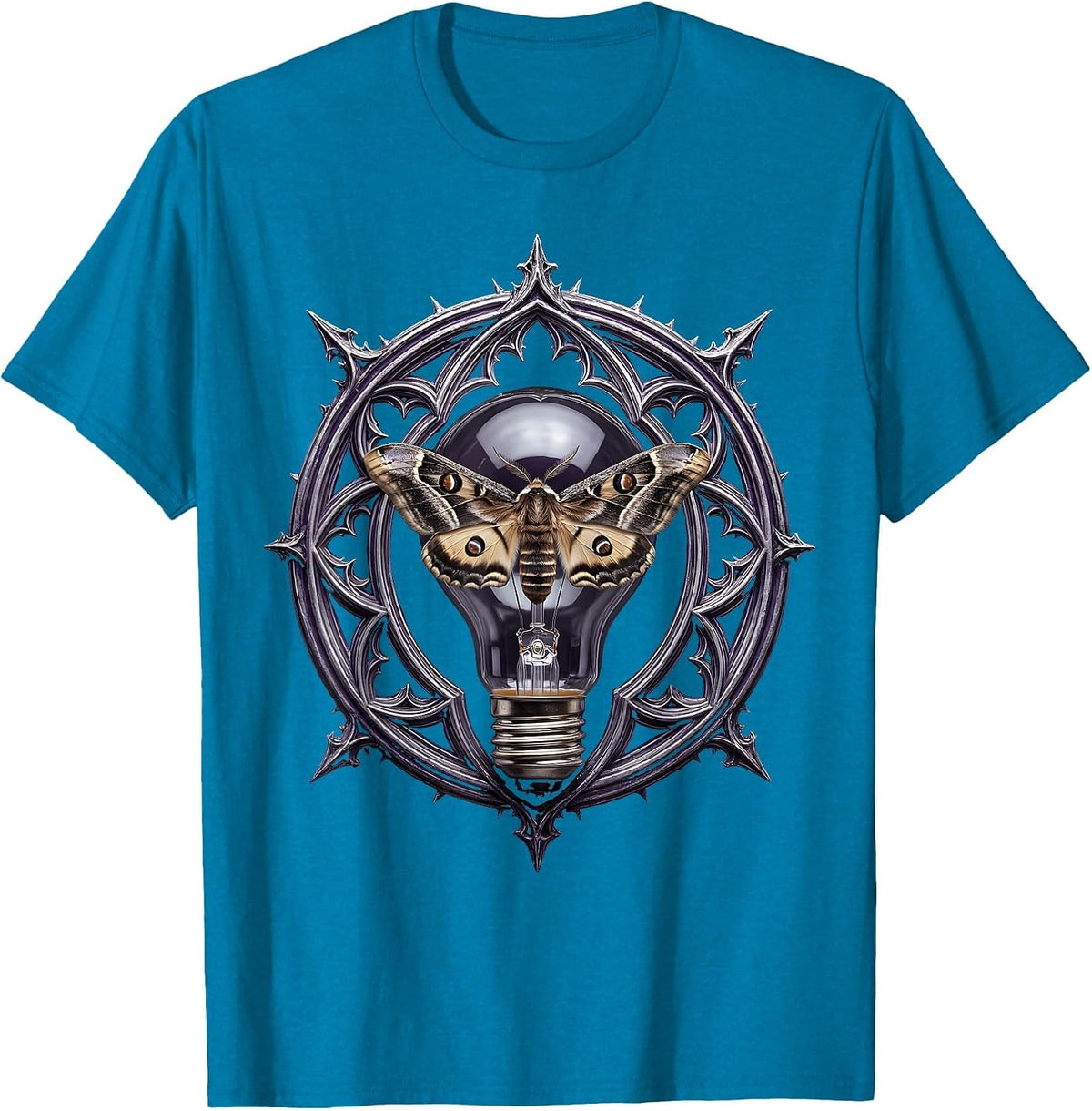 Grunge Moth and Bare Lightbulb Illustration T-Shirt - Sapphire Blue