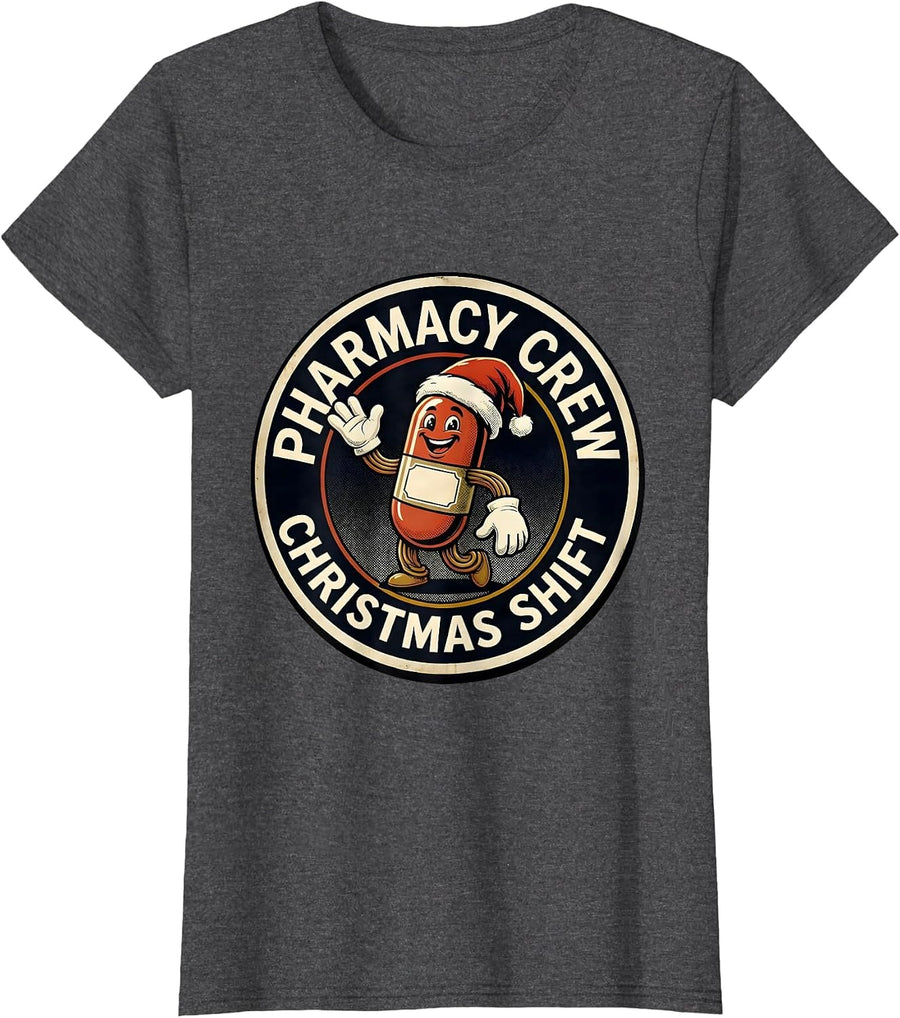 Women's Pharmacy Crew Christmas Shift Retro Cartoon Pharmacist Tech T-Shirt - Dark Heather Grey