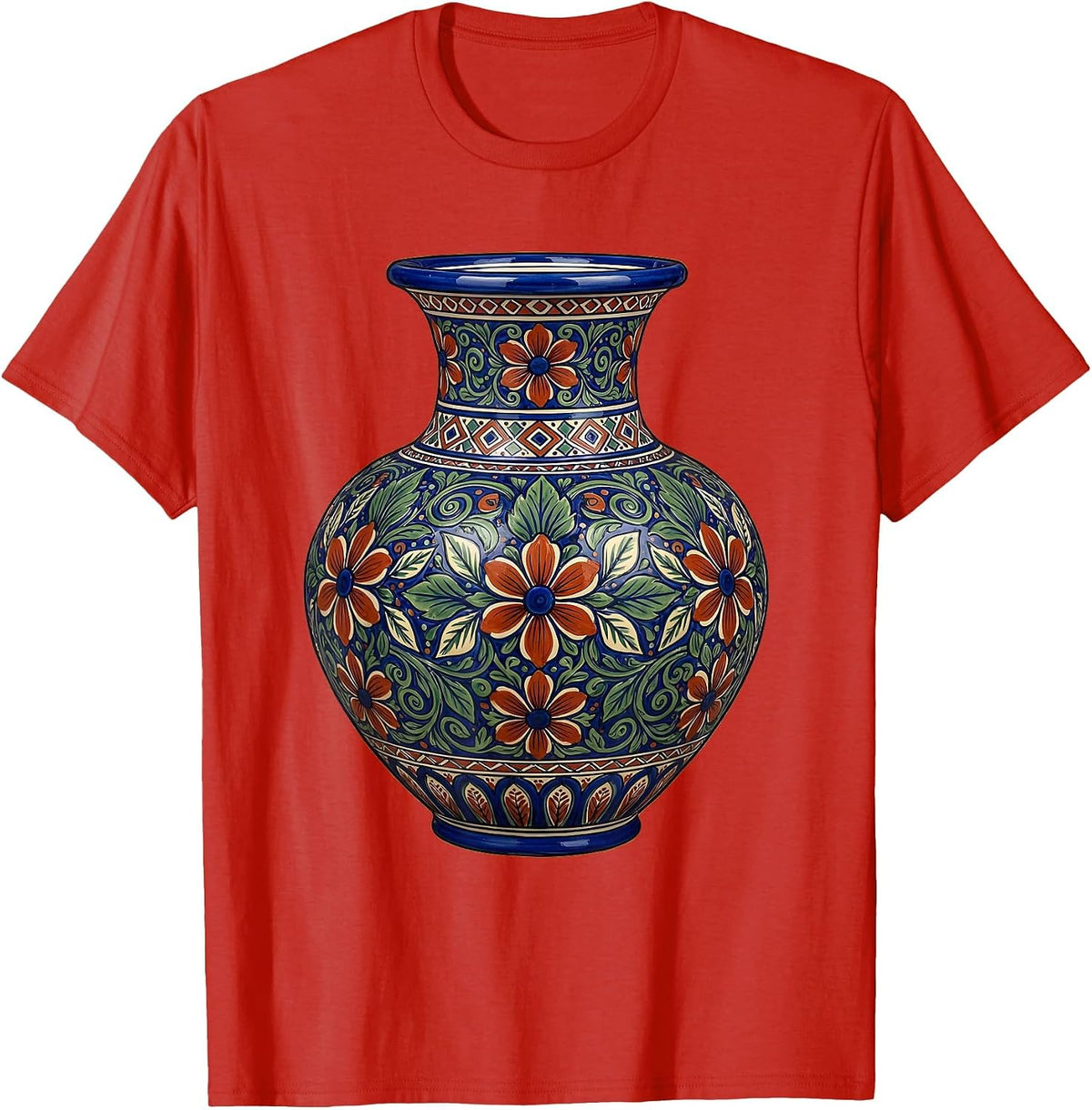 Men's Mexican Talavera Pottery Vase Floral Illustration T-Shirt - Red