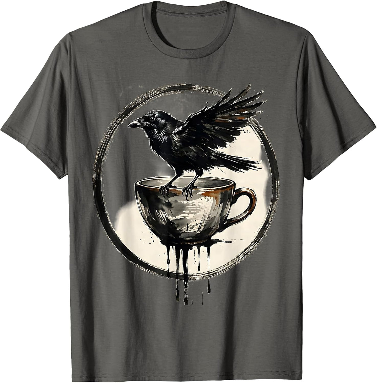 Cawf Crow Perched on Dripping Coffee Cup T-Shirt - Asphalt Grey