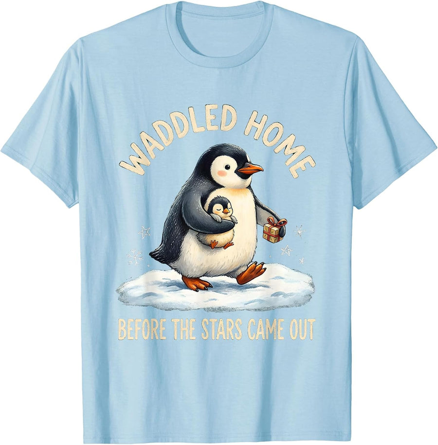 Men's Waddled Home Before The Stars Came Out Funny Penguin Lover T-Shirt - Baby Blue