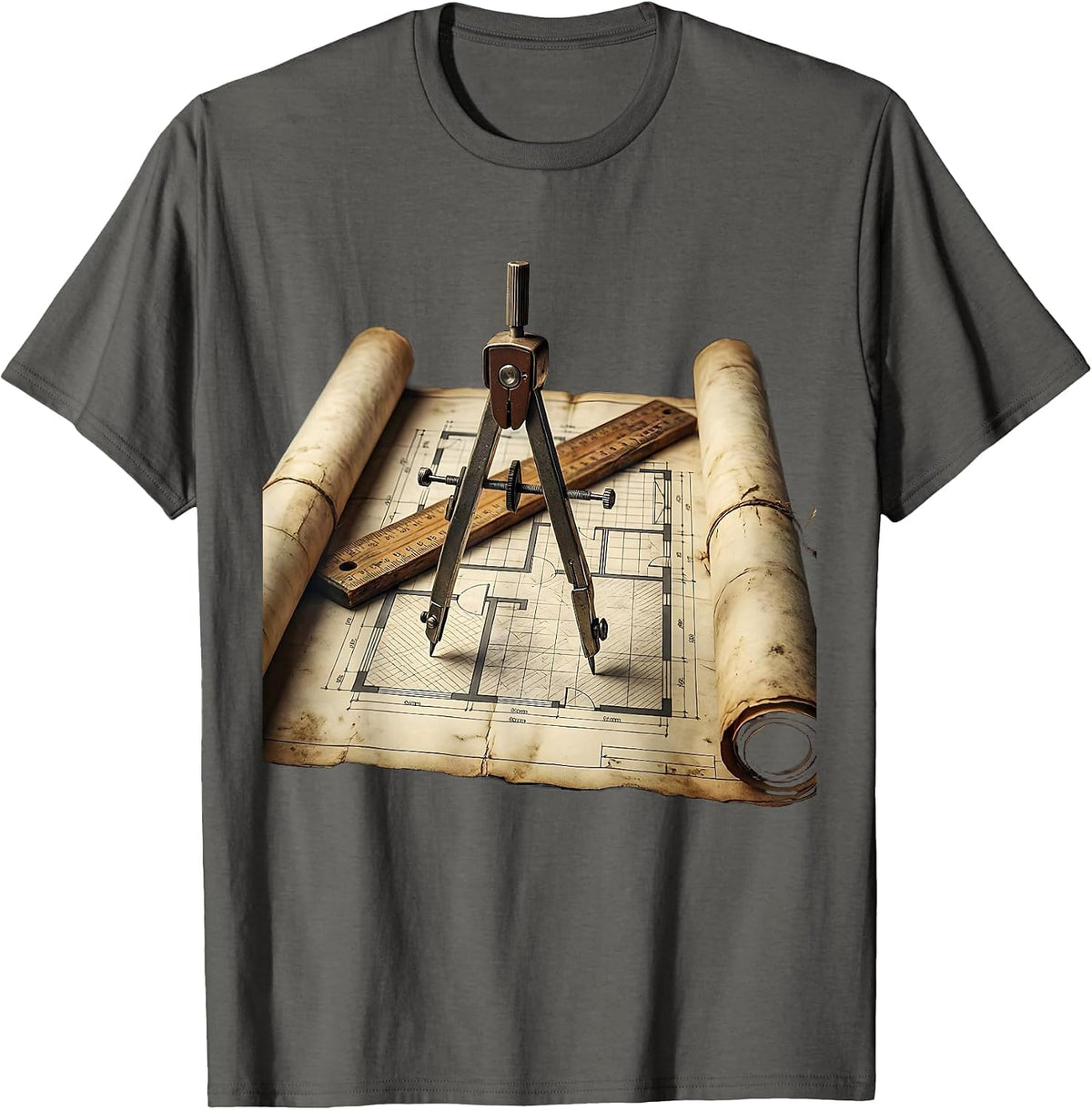 Men's Blueprint Illustration Ruler and Compass Graphic T-Shirt - Asphalt Grey