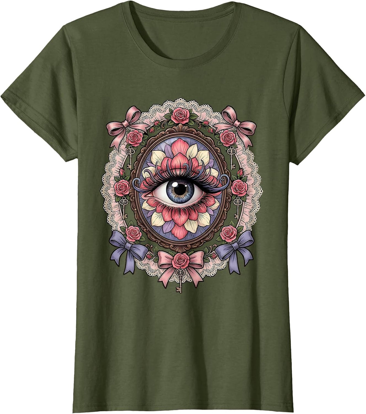 Women's Bold Eye Long Lashes Graphic Tee Gigi Design T-Shirt - Olive Green