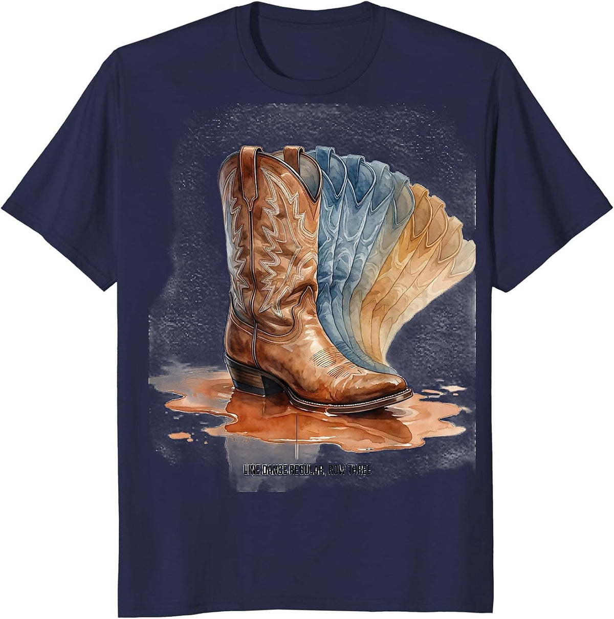 Men's Line Dance Regular Row Three Watercolor Cowboy Boot Dancer T-Shirt - Navy Blue