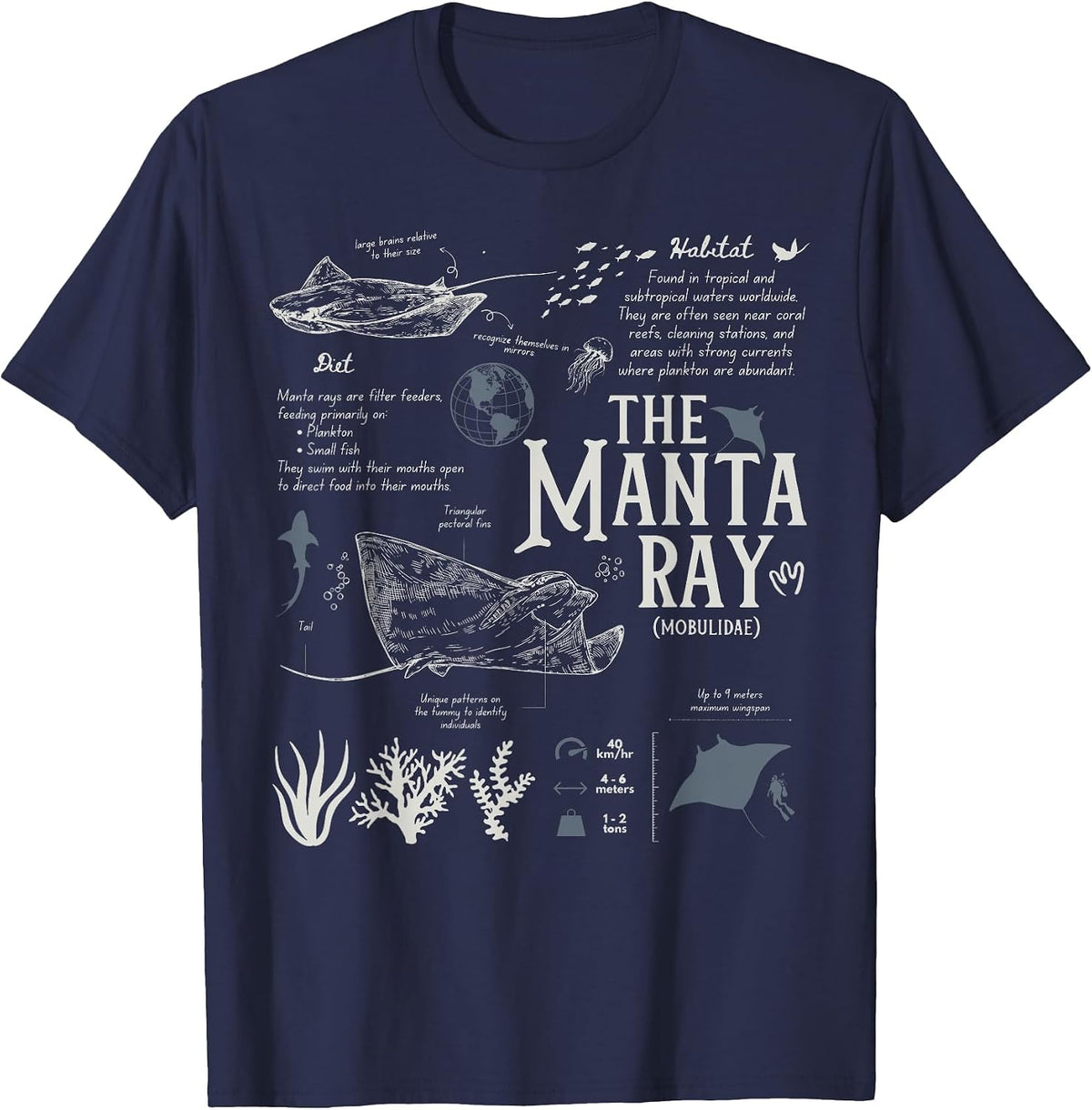 Manta Ray Biology Facts Marine Biology Sea Animal Anatomy T-Shirt - Navy Blue