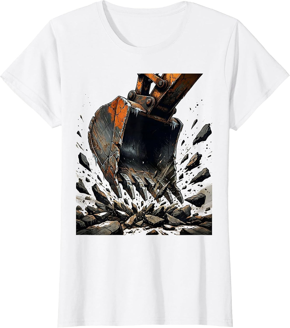 Excavator Bucket Breaking Rock Ground Illustration T-Shirt - White