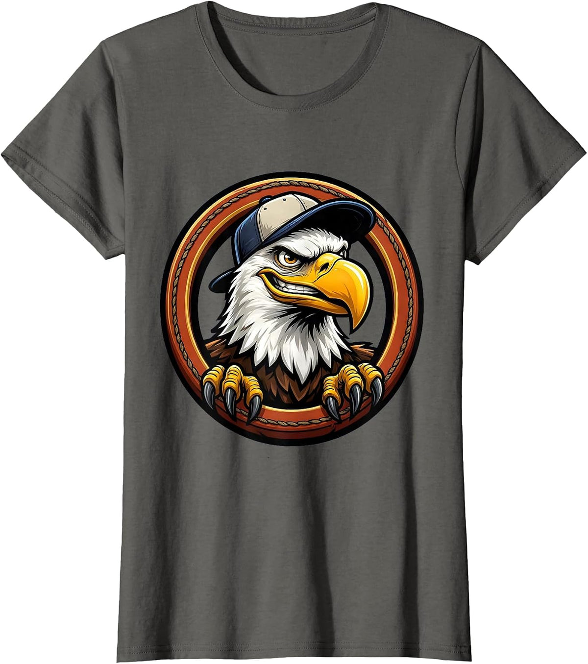 Women's Bald Eagle Backwards Baseball Cap Funny Graphic T-Shirt - Asphalt Grey