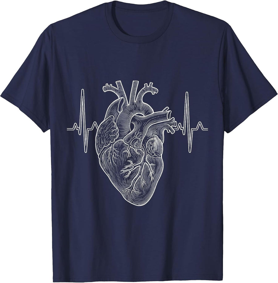 ICU Nurse Human Heart ECG Monitor Graphic T-Shirt - Navy Blue