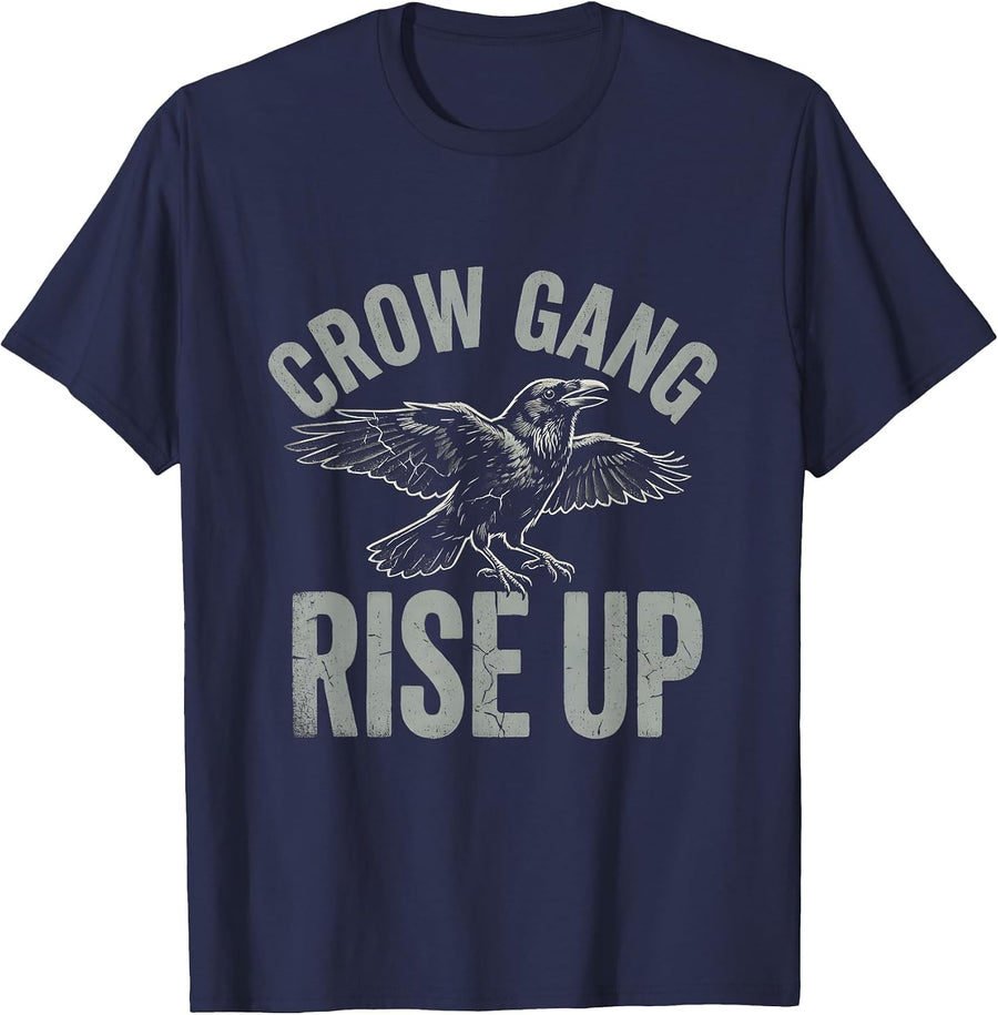 Crow Gang Rise Up Bold Crow Graphic Design T-Shirt - Navy Blue