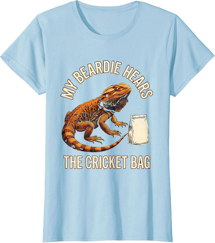 Women's My Beardie Hears The Cricket Bag Funny Reptile Pet Lover T-Shirt - Baby Blue