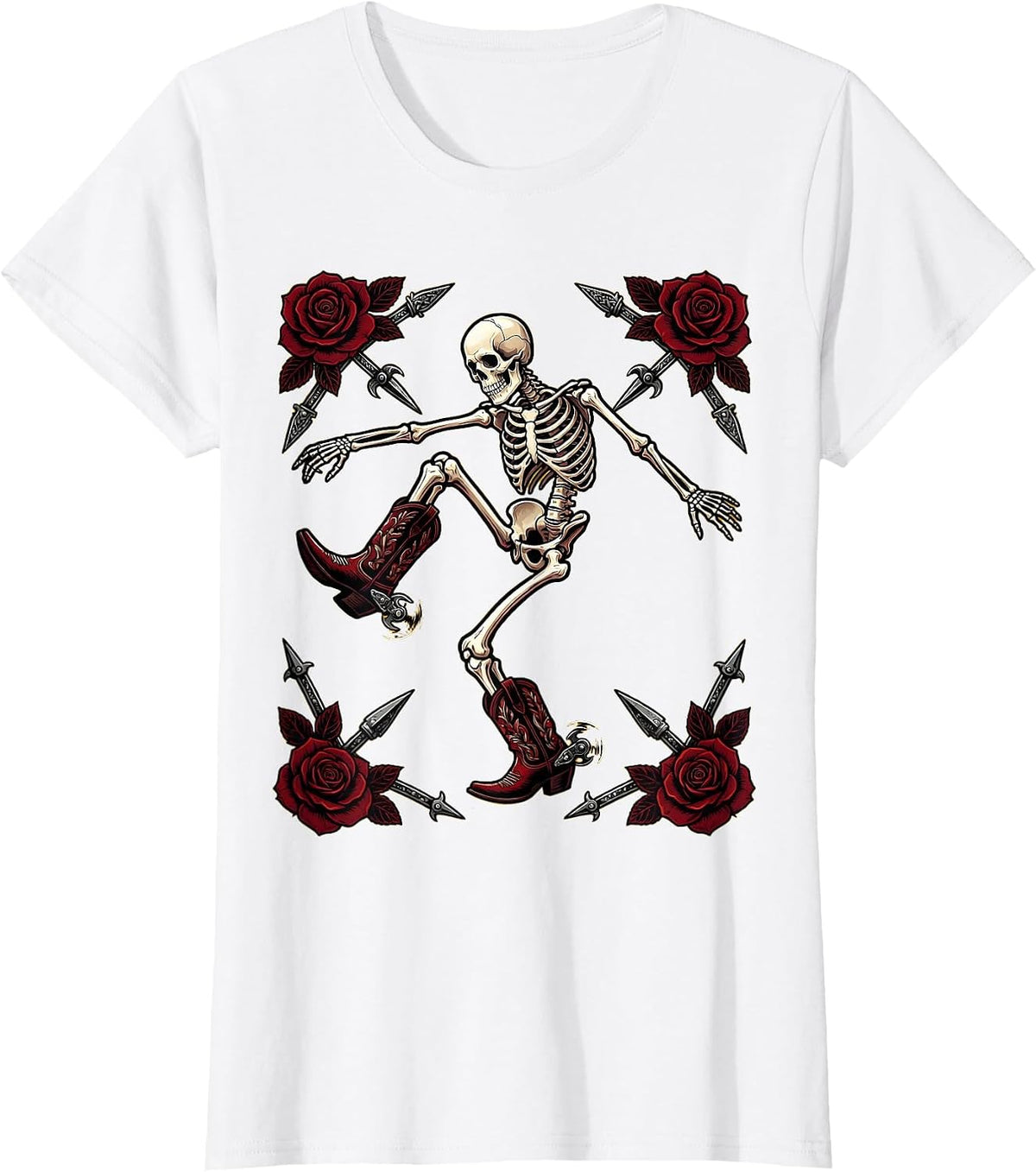 Women's Cowboy Boot Line Dancing Skeleton Graphic T-Shirt - White