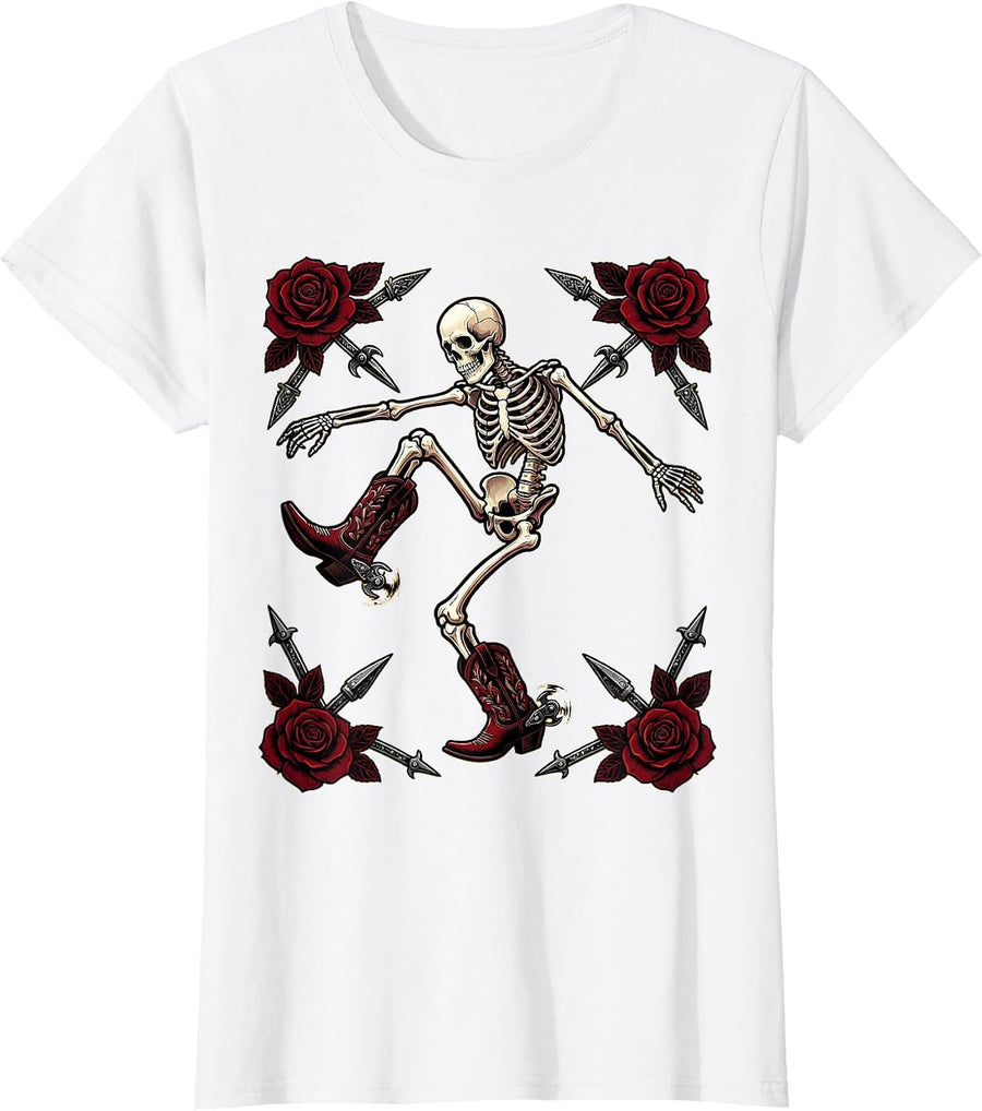 Women's Cowboy Boot Line Dancing Skeleton Graphic T-Shirt - White