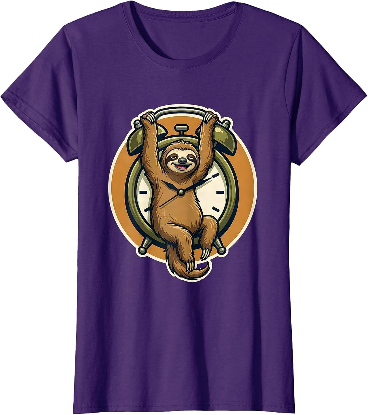 Women's Sleepy Sloth Hanging From Alarm Clock Funny T-Shirt - Purple