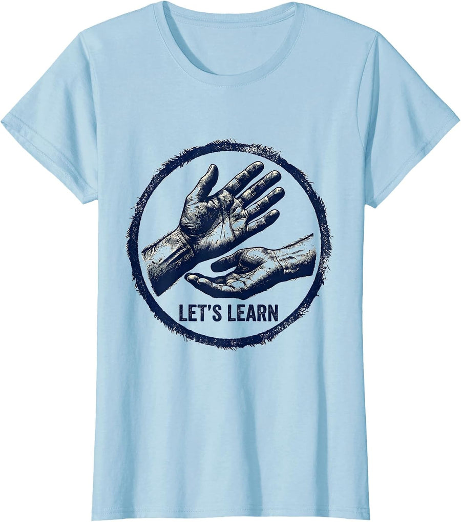 Women's Let's Learn Rubber Stamp ASL Sign Language Teacher Advocacy T-Shirt - Baby Blue