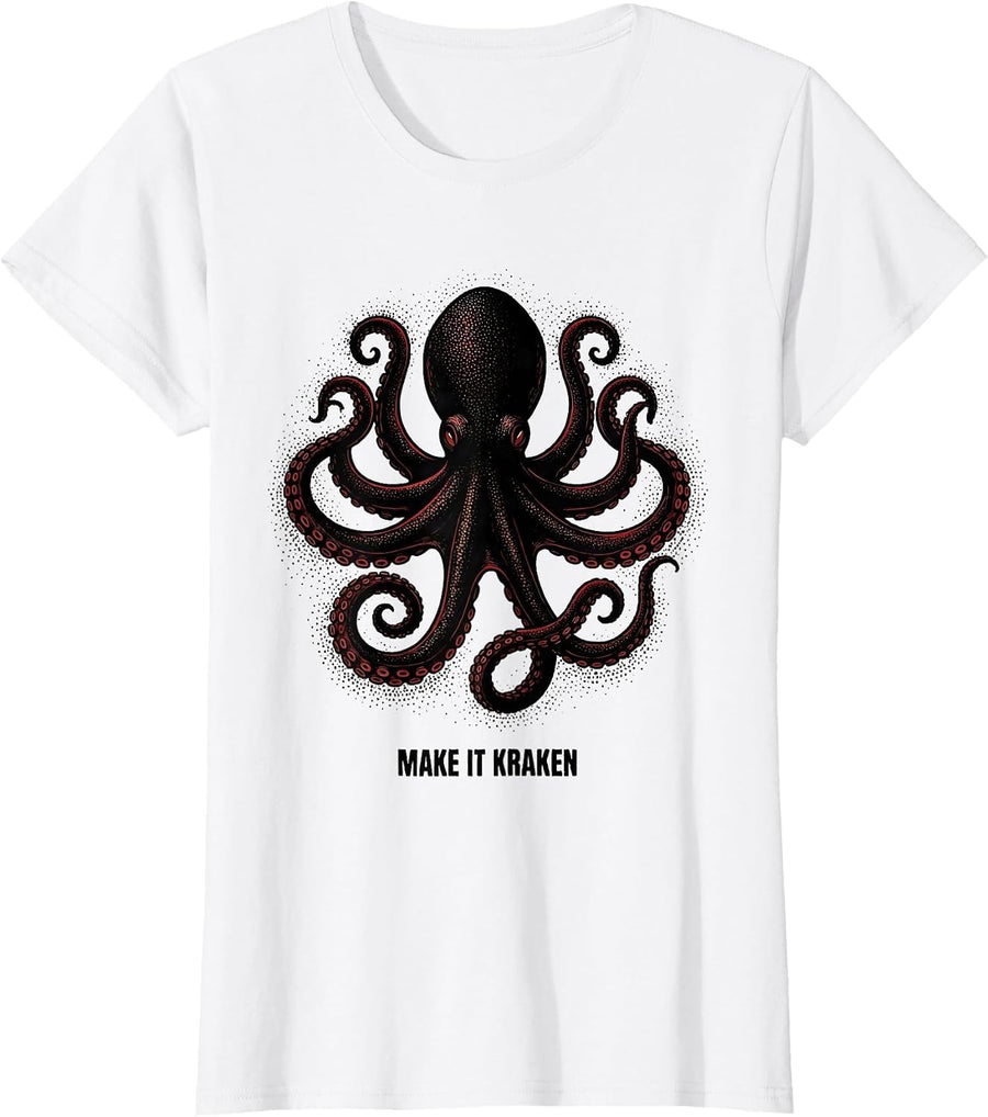 Women's Make It Kraken Blackwork Dotwork Octopus Enthusiast Marine T-Shirt - White