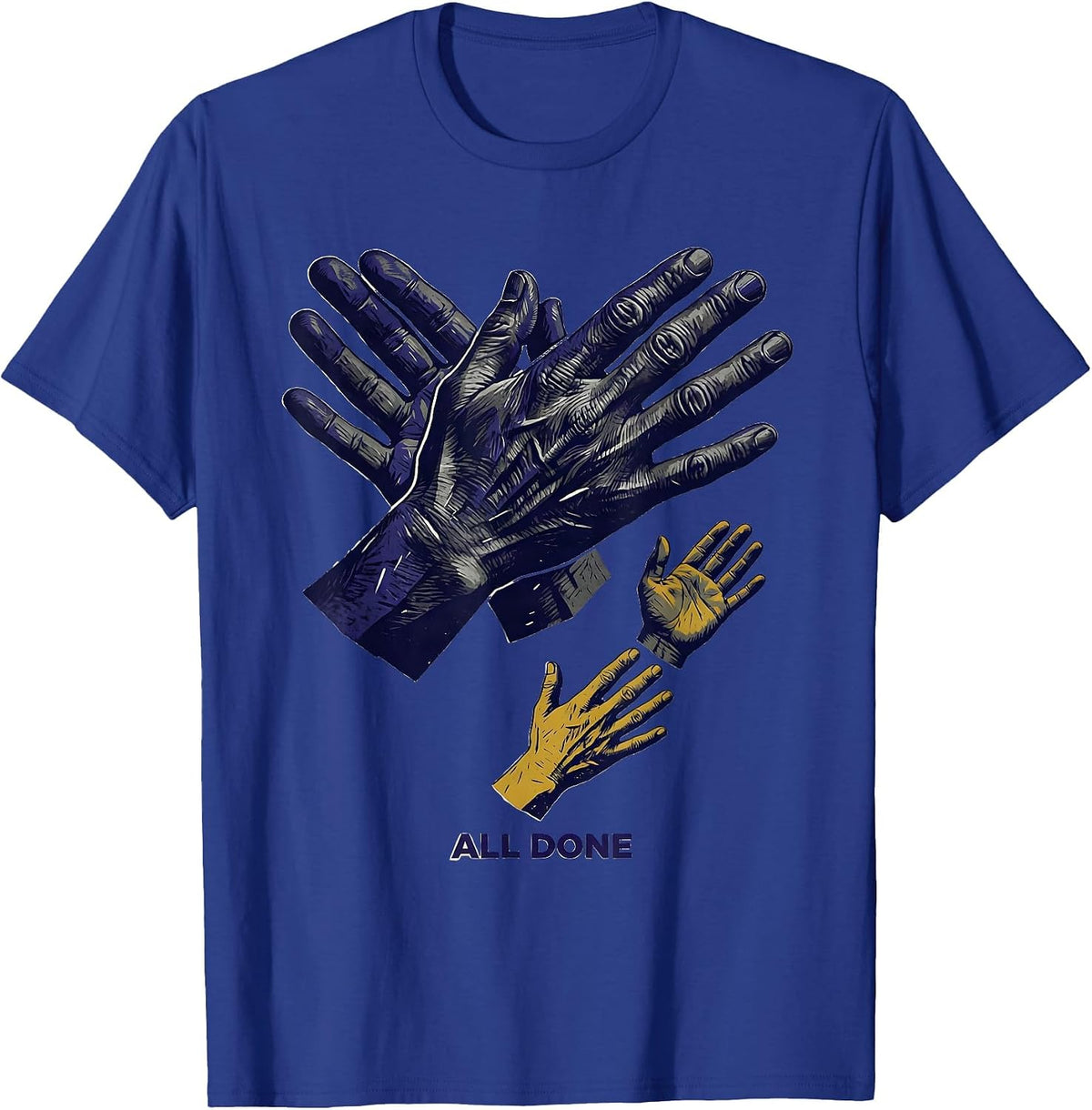 All Done Linocut ASL Sign Language Teacher Classroom Humor T-Shirt - Royal Blue