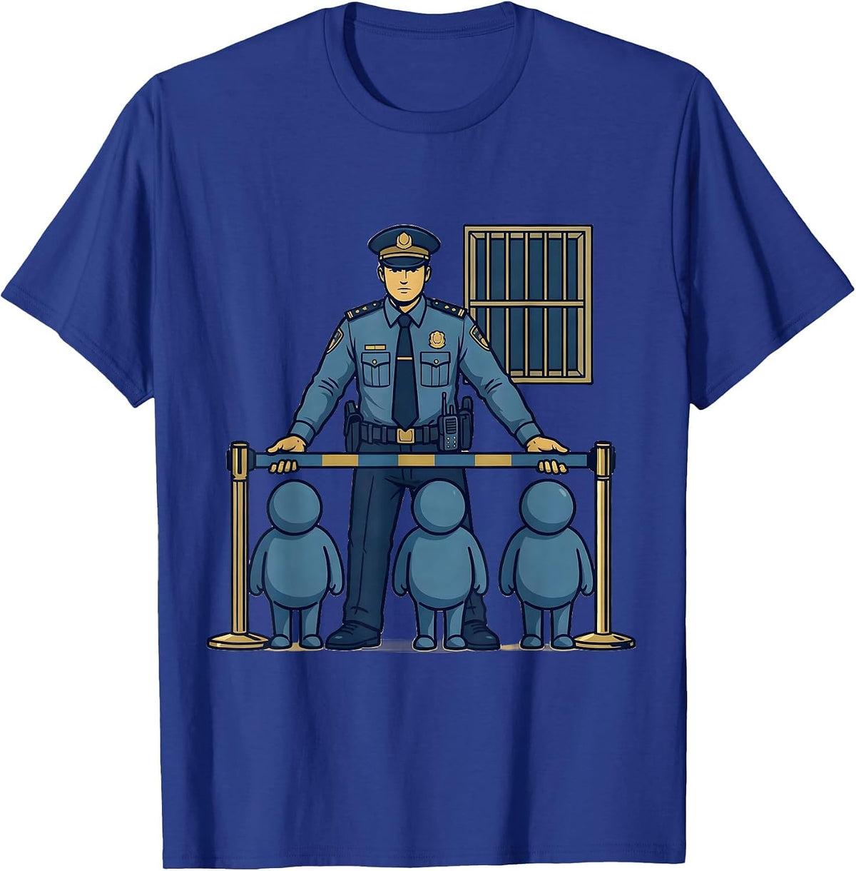 Police Officer Folding Queue Barrier Humor Law Enforcement T-Shirt - Royal Blue
