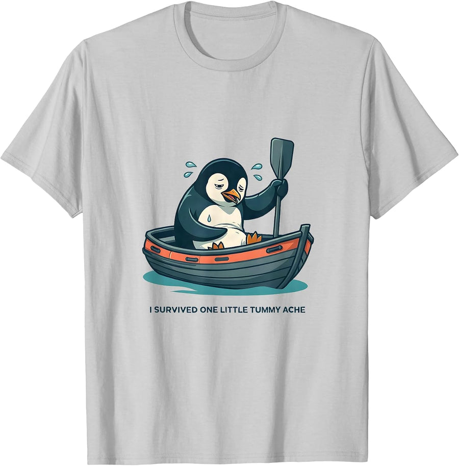 I Survived One Little Tummy Ache Funny Penguin Meme Humor T-Shirt, Men, Silver Grey, Small - As Pictured