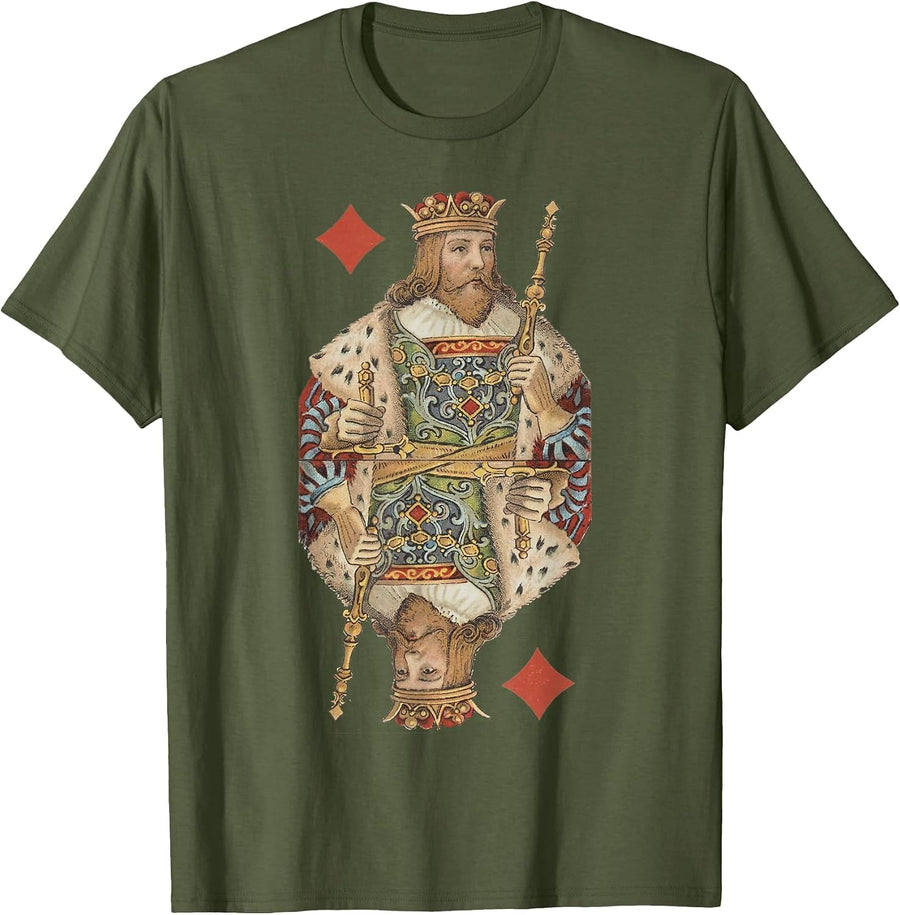 King of Diamonds Antique Art Nouveau Playing Card Art T-Shirt, Men, Olive Green, X-Large - As Pictured