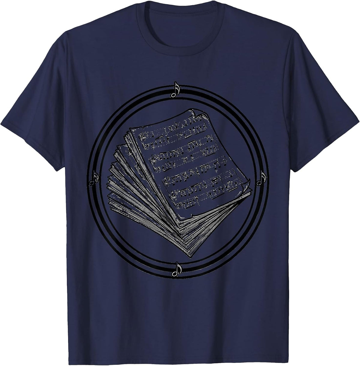 Music Teacher Stack of Sheet Music Illustration T-Shirt - Navy Blue
