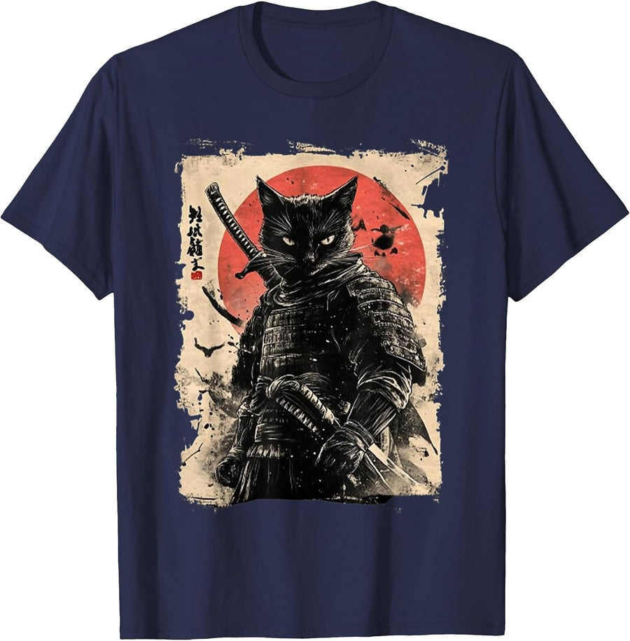Vintage Japanese Art Anime Graphic Samurai cat Warrior T-Shirt - Navy Blue