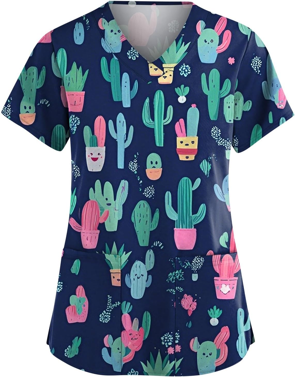 Scrubs for Women Animal Print Tops Short Sleeve Cartoon Pattern V Neck Stretchy Nursing Uniform with Pockets - 02-purple Pink