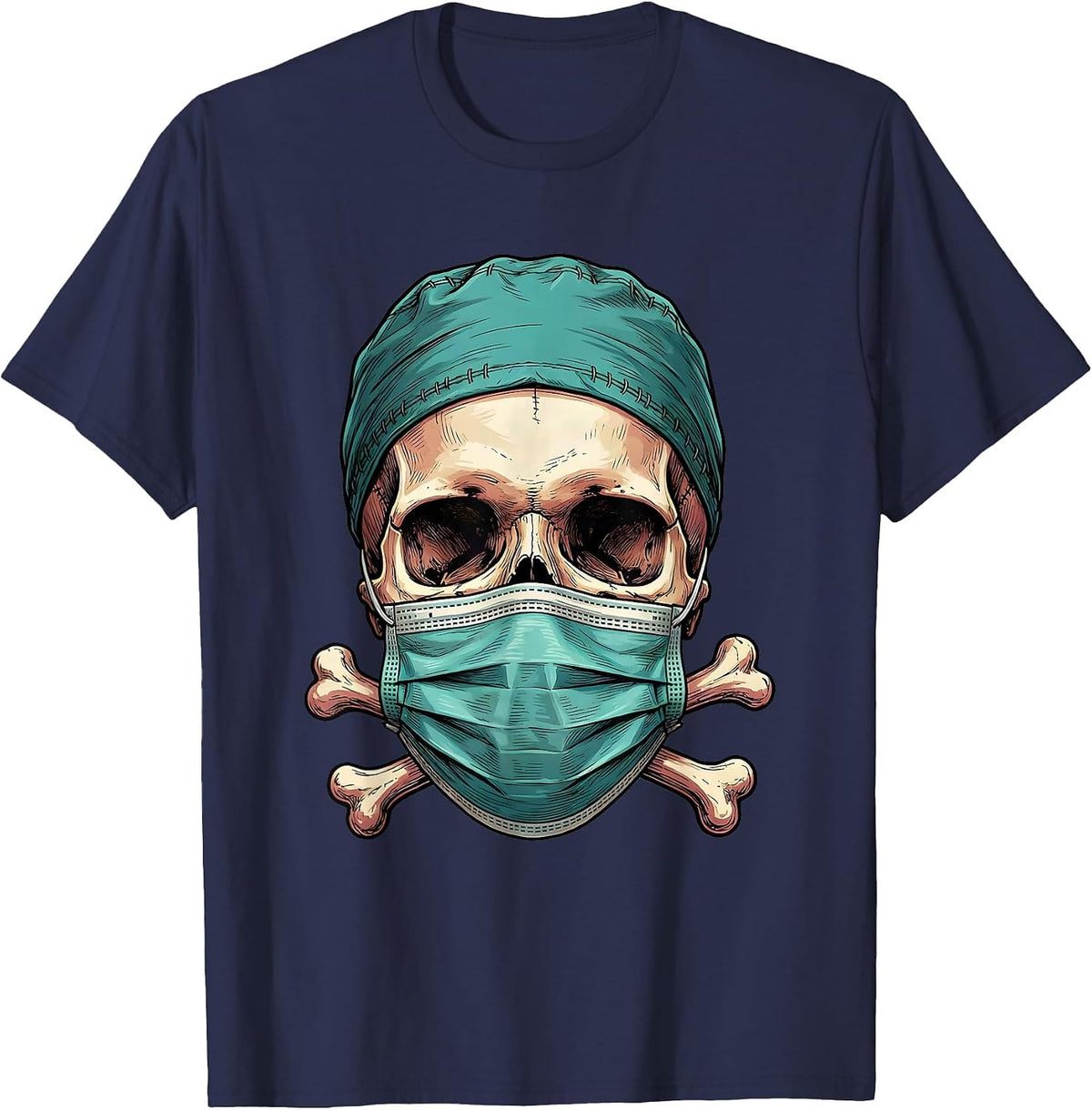 Skull Surgeon Scrub Cap Surgical Mask Design T-Shirt - Navy Blue