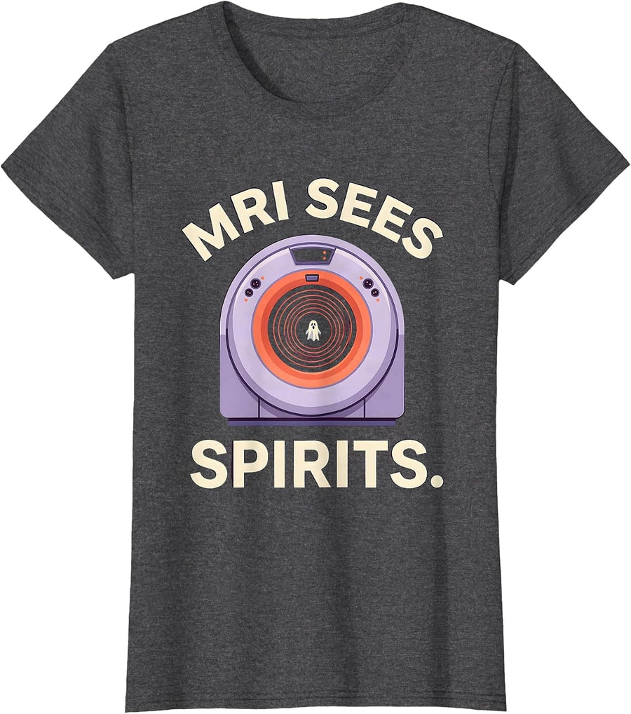 Women's MRI Sees Spirits Halloween Radiology Tech Pun Humor T-Shirt - Dark Heather Grey