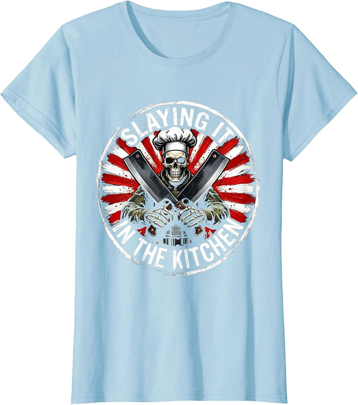 Halloween Skeleton Chef Slaying It In The Kitchen T-Shirt - Baby Blue