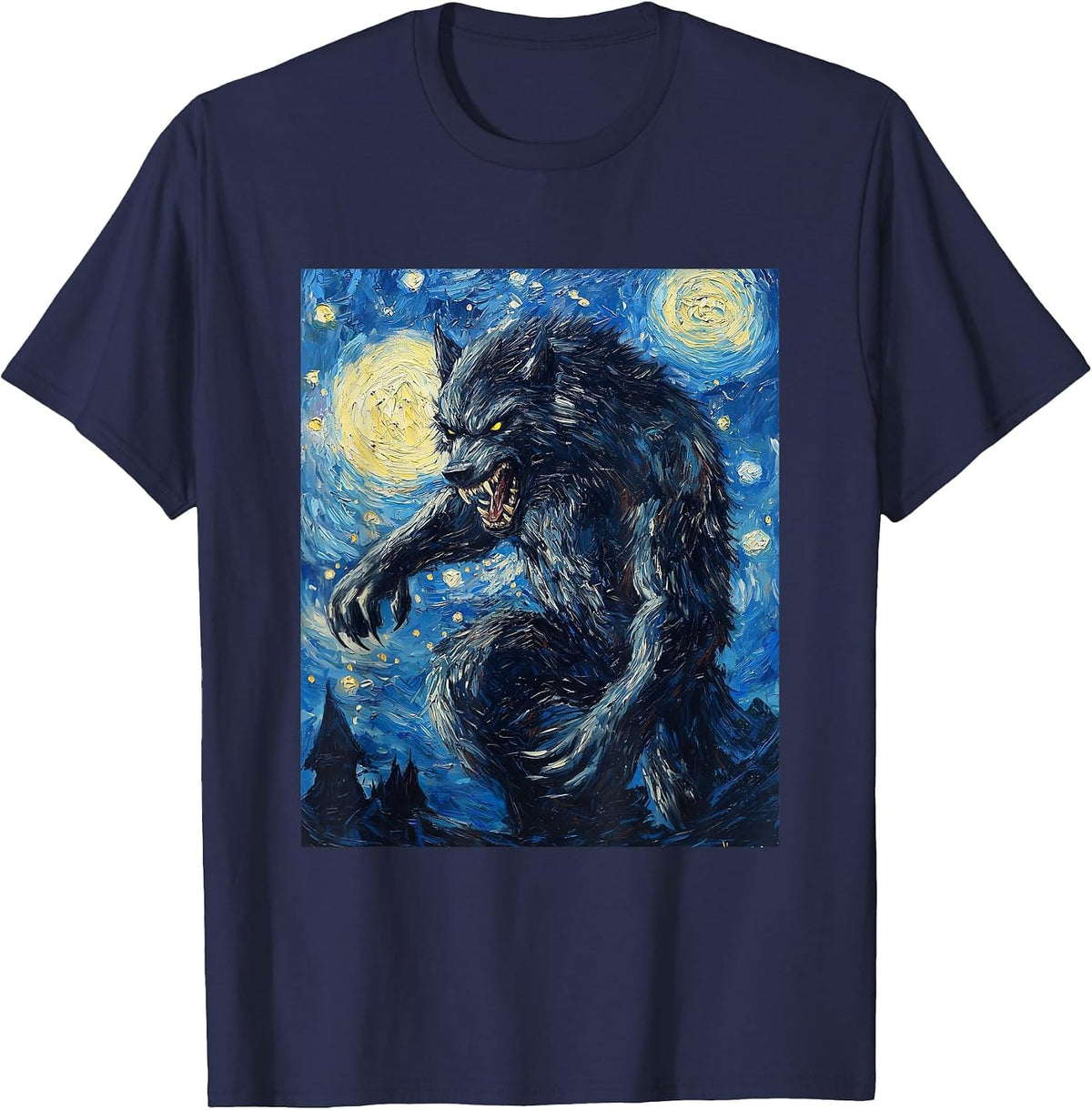 Werewolf Wolf Van Gogh Style Starry Night Graphic T-Shirt - Navy Blue