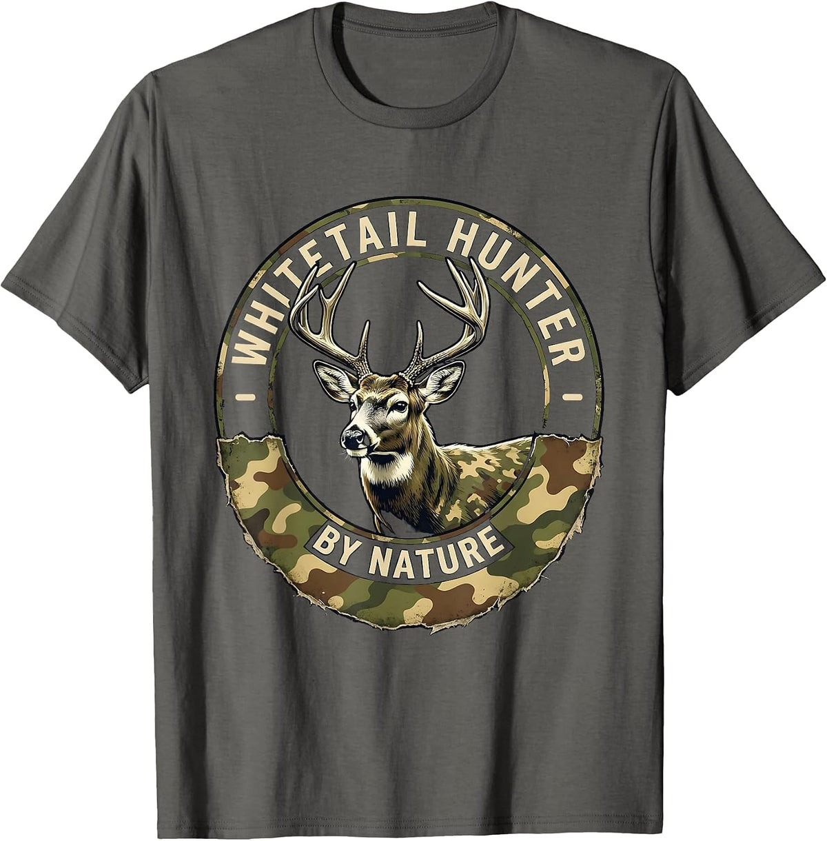 Whitetail Hunter By Nature Distressed Camo Dad Humor T-Shirt - Asphalt Grey
