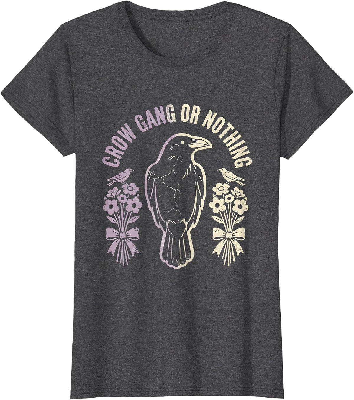 Women's Crow Gang or Nothing Bold Bird Crew Design T-Shirt - Dark Heather Grey