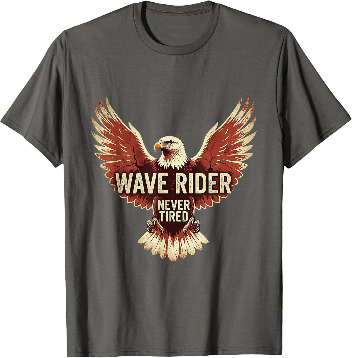 Wave Rider Never Tired Mens Beach Design T-Shirt - Asphalt Grey