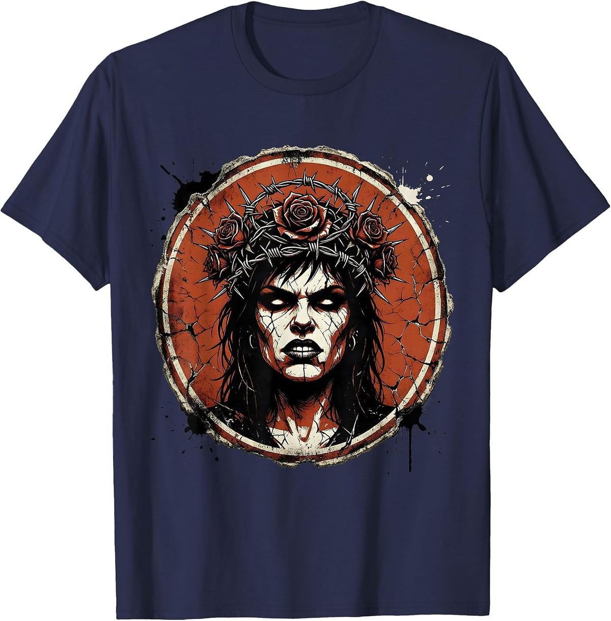 Punk Girl Roses and Razor Wire Crown Graphic T-Shirt - Navy Blue