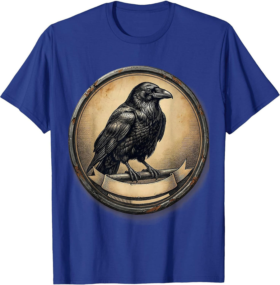 Front-Facing Crow Portrait Distressed Gothic Humor T-Shirt - Royal Blue