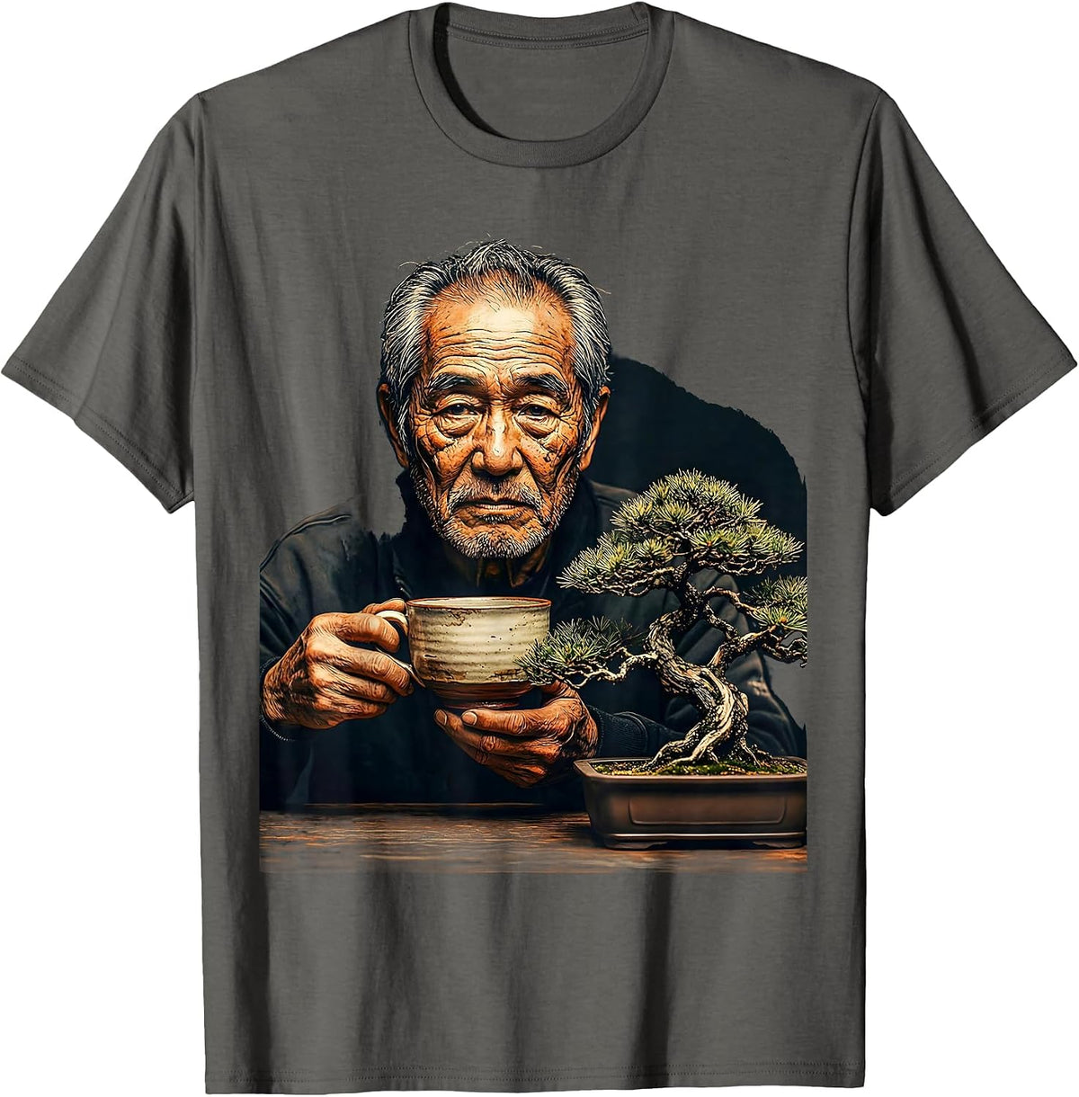 Japanese Elder Tea and Bonsai Graphic T-Shirt - Asphalt Grey