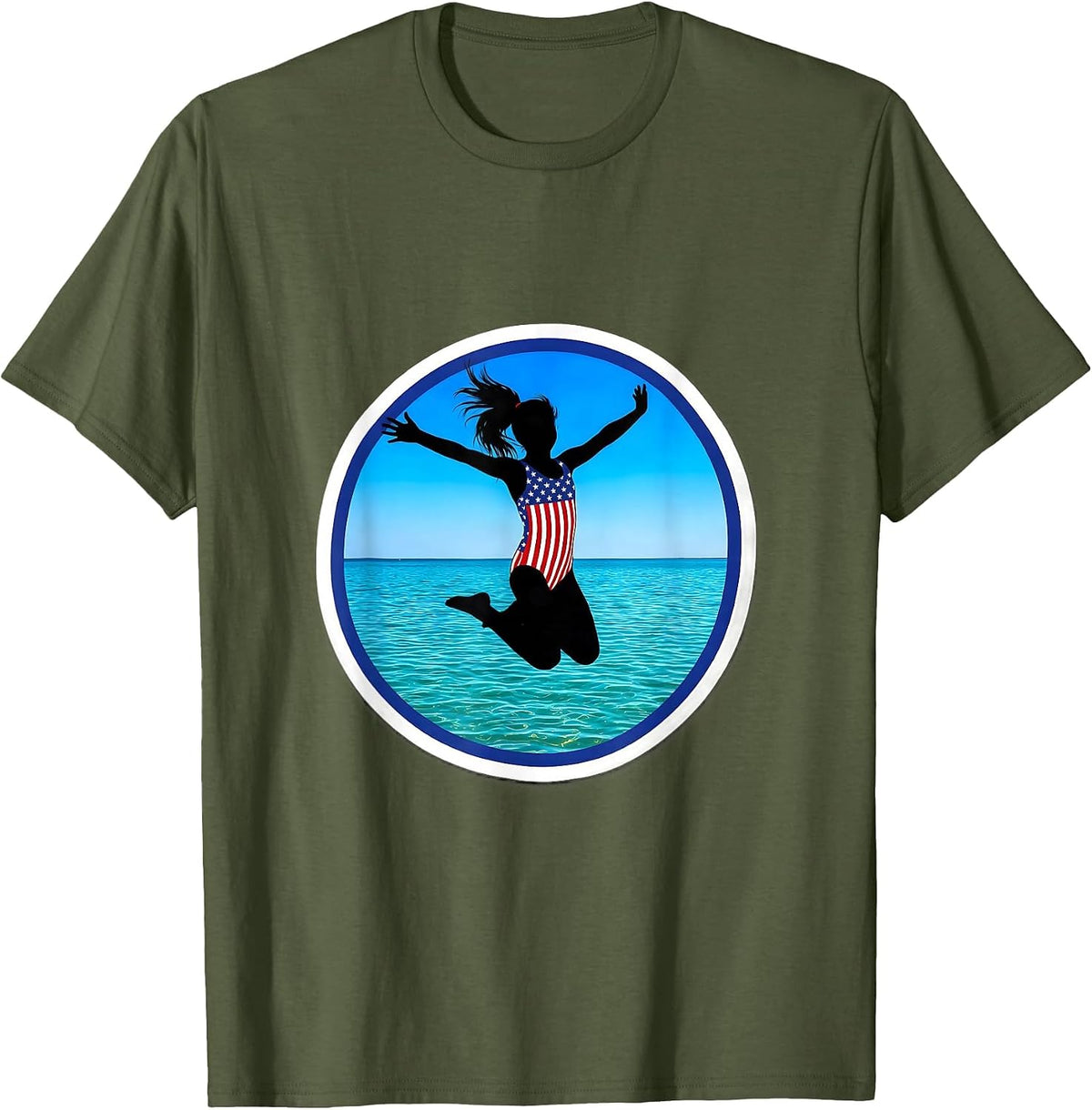 Stars and Stripes Lake Jump Patriotic Design T-Shirt - Olive Green