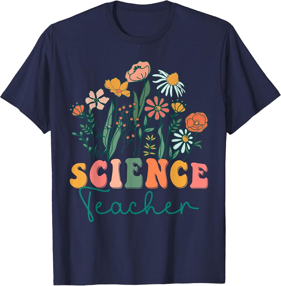 Groovy Wildflower Science Teacher Tees T-Shirt - Navy Blue
