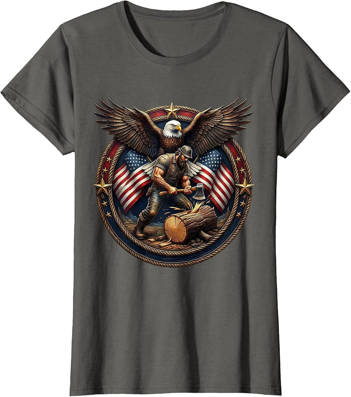 Women's American Flag Lumberjack Chopping Wood Graphic T-Shirt - Asphalt Grey